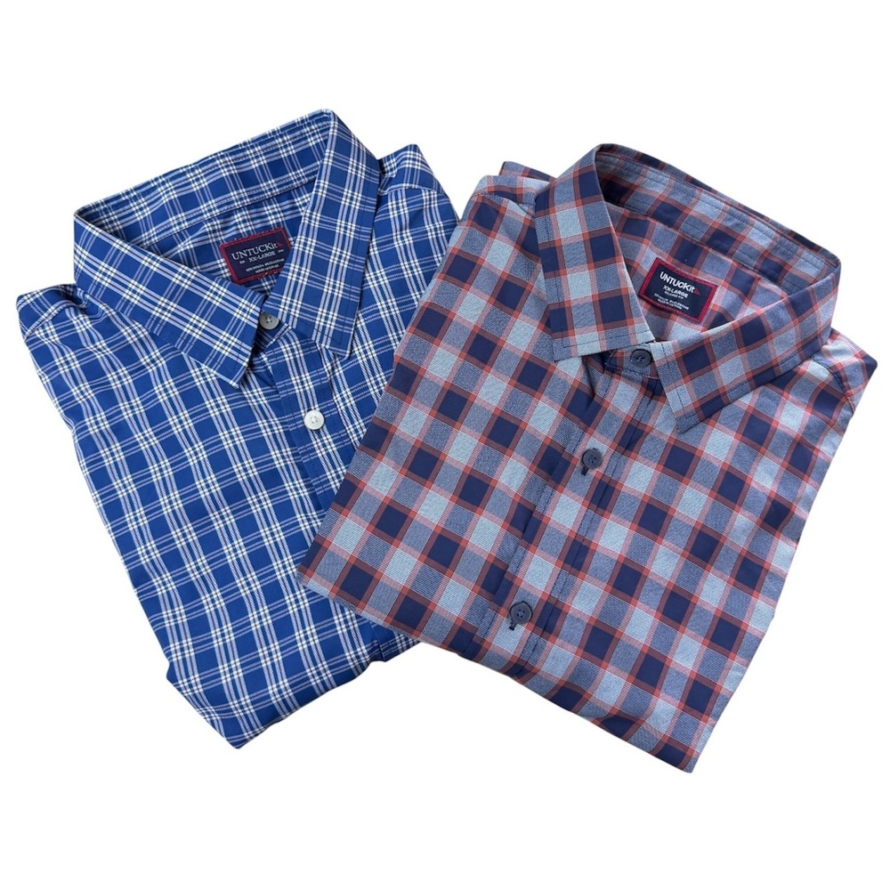 (LOT OF 2) UNTUCKit Performance Button Up Shirts Mens XXL Nylon Blue Plaid